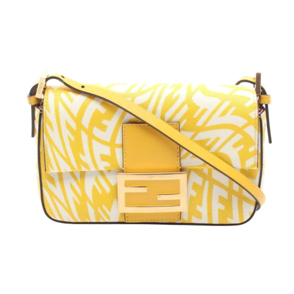 Fendi Baguette Shoulder Bag Canvas Leather Yellow White